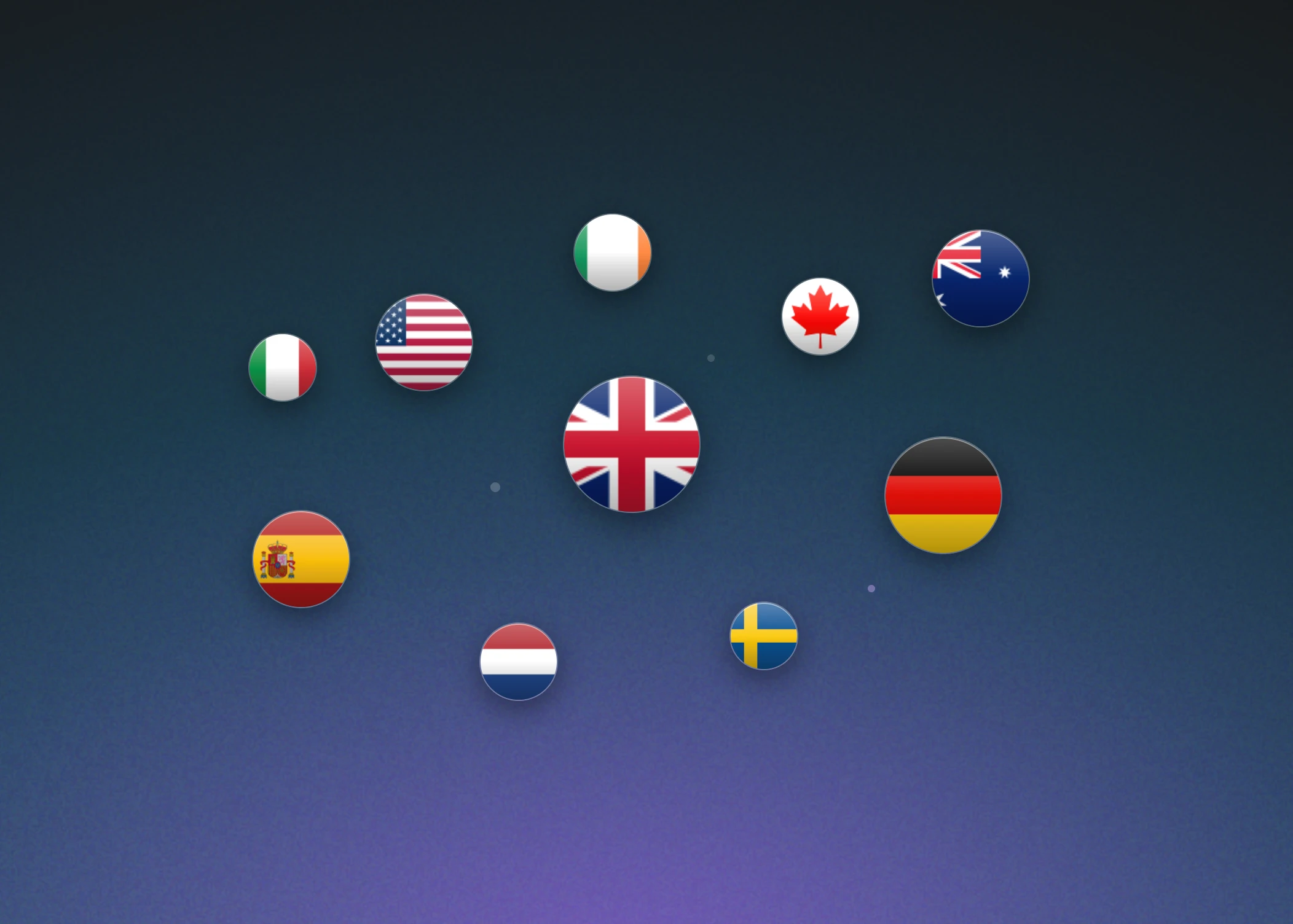 Country flags including the UK, US, Canada, Germany, and Sweden shown as circular badges