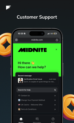 overview of midnite casino customer support in app on a apple iphone device