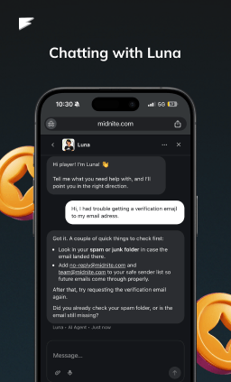 overview of user chatting with midnite casino customer support AI chatbot luna in app on an Apple iPhone device