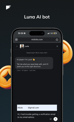 overview of midnite casino customer support AI chat bot Luna in app on a apple iphone device