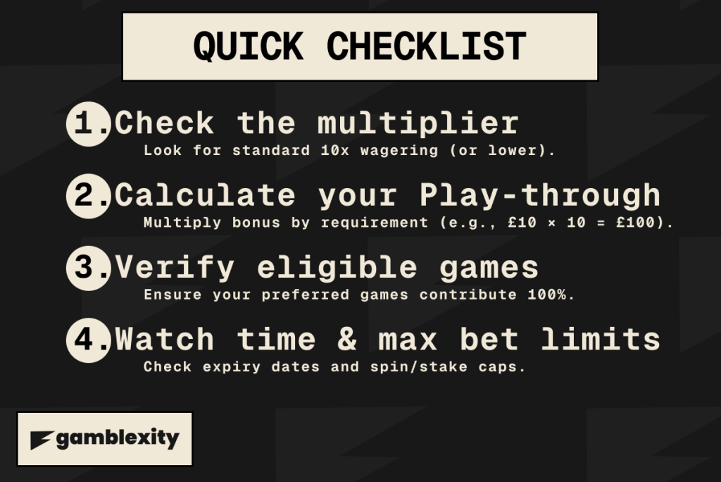 Our quick checklist when claiming a bonus to see what the wagering requirements are truly